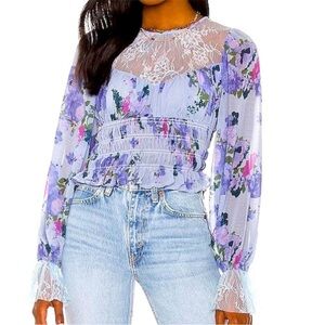 Free People Floral Lace Blouse - Purple and Blue size large